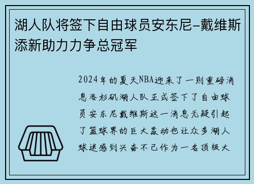 湖人队将签下自由球员安东尼-戴维斯添新助力力争总冠军