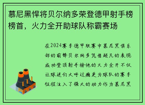 慕尼黑悍将贝尔纳多荣登德甲射手榜榜首，火力全开助球队称霸赛场