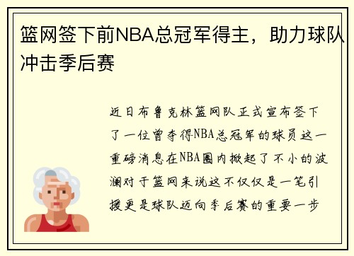 篮网签下前NBA总冠军得主，助力球队冲击季后赛