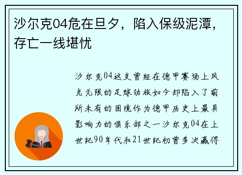 沙尔克04危在旦夕，陷入保级泥潭，存亡一线堪忧